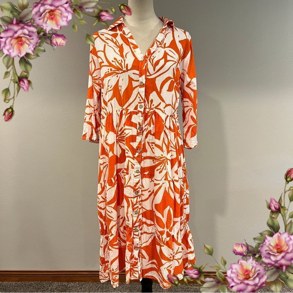 Mlle Gabrielle Orange and White Floral Button-Front Midi Dress